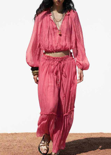 Set Ruffled Fall Patchwork Pieces Two Pink Cotton Modern FashionChic