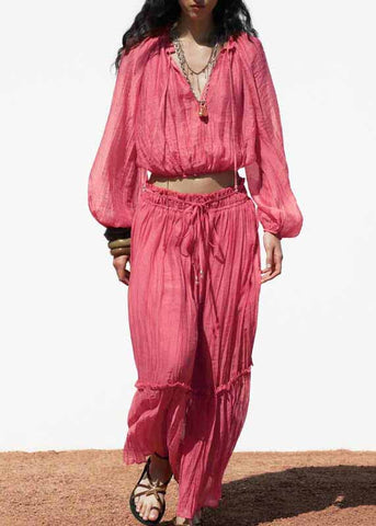 Set Ruffled Fall Patchwork Pieces Two Pink Cotton Modern FashionChic