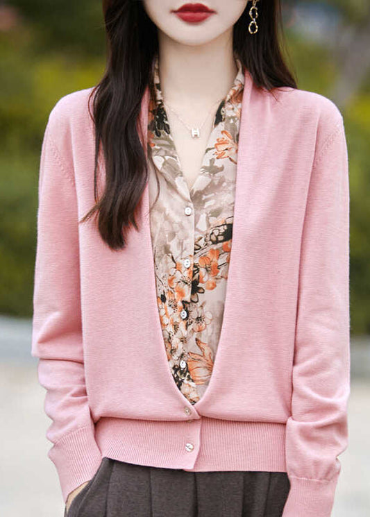 Modern Pink V Neck Print Fake Two Pieces Knit Cardigans Spring TE038 ABC