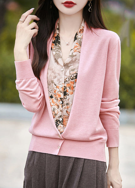 Modern Pink V Neck Print Fake Two Pieces Knit Cardigans Spring TE038 ABC