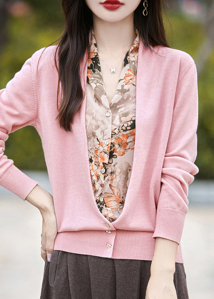 Modern Pink V Neck Print Fake Two Pieces Knit Cardigans Spring TE038 ABC