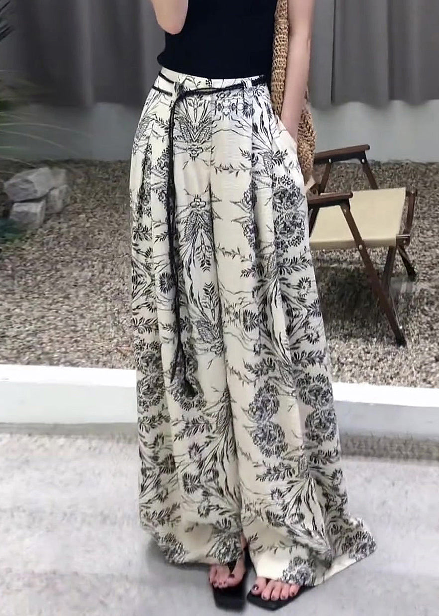 Modern Fall Leg Cotton Pockets Waist Print Wide Pants High FashionChic