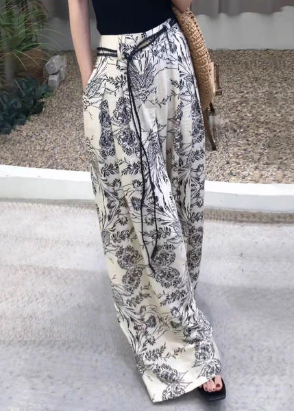 Modern Fall Leg Cotton Pockets Waist Print Wide Pants High FashionChic