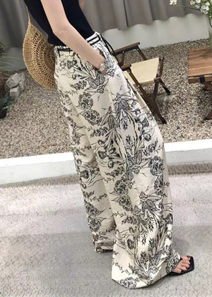 Modern Fall Leg Cotton Pockets Waist Print Wide Pants High FashionChic