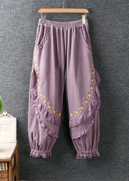 Modern Purple Embroidered Lace Ruffled Patchwork High Waist Lantern Pants VB1044 Ada Fashion