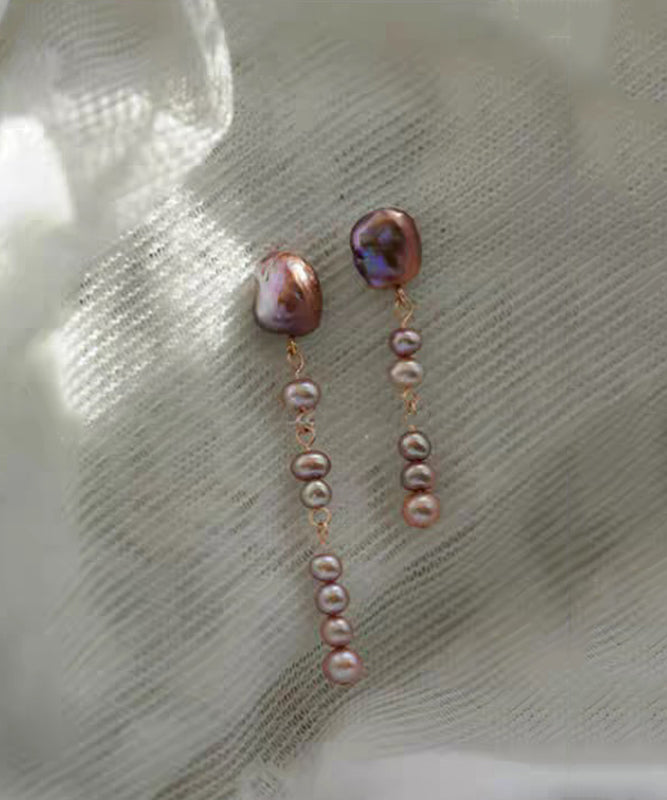 Pearl Earrings Metal Drop Purple Asymmetrical Modern FashionChic