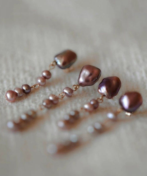 Pearl Earrings Metal Drop Purple Asymmetrical Modern FashionChic