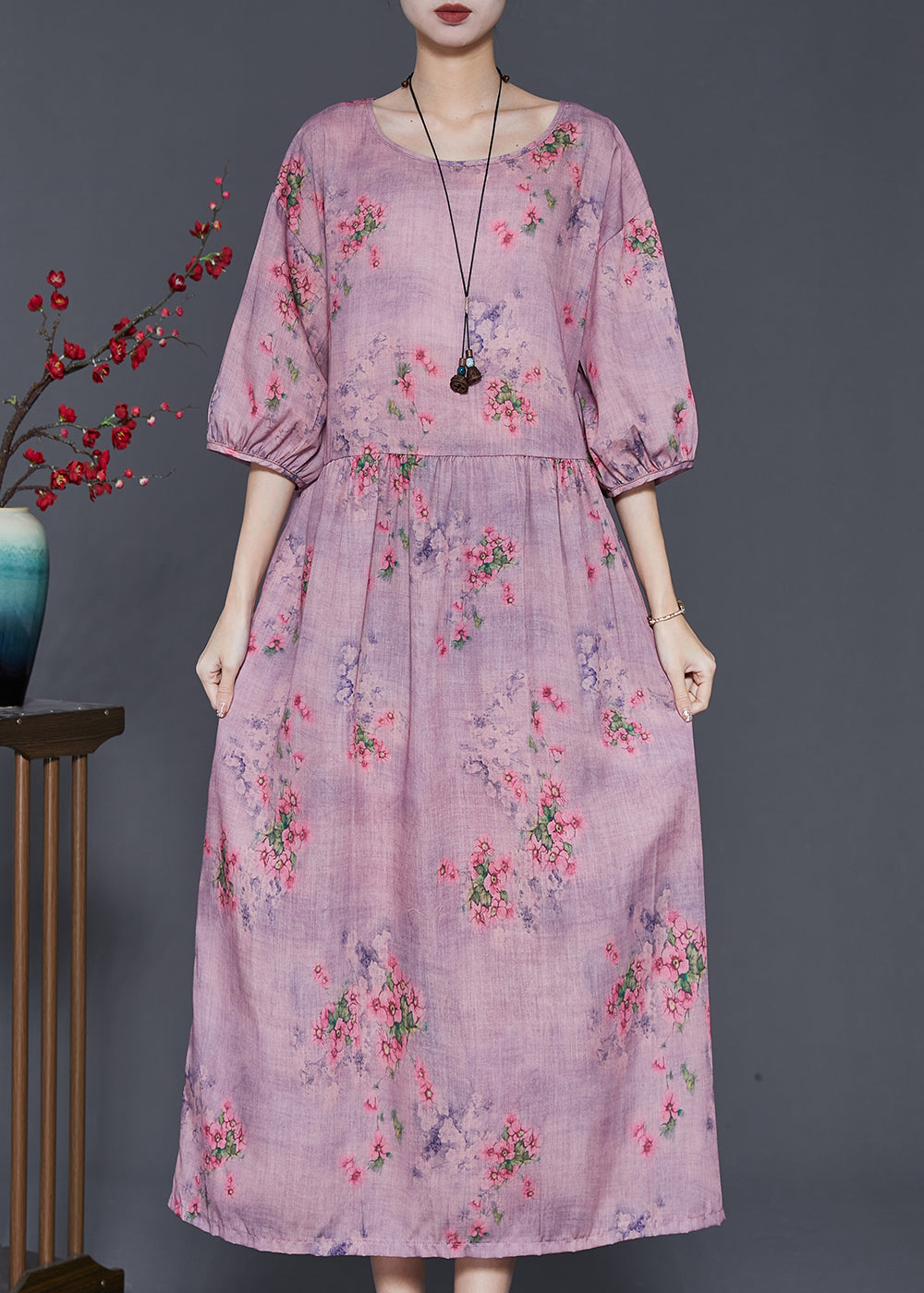 Modern Purple Oversized Print Linen Dress Summer SD1002 Ada Fashion