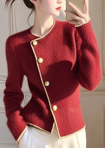 Modern Red O Neck Button Knit Slim Fit Coat Spring YY035 ABC