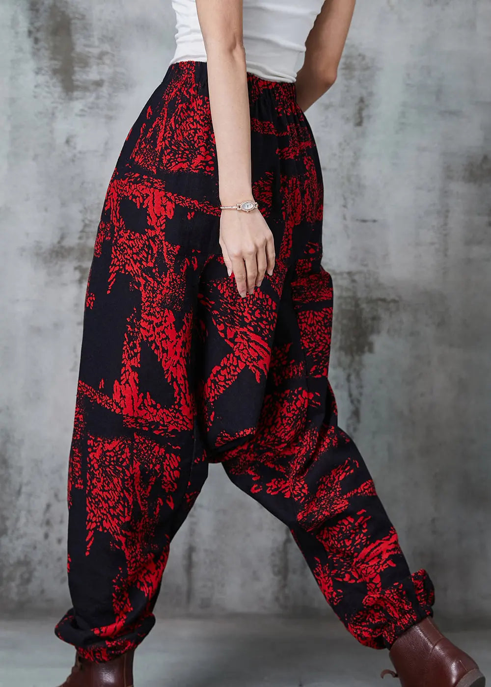 Modern Red Oversized Print Cotton Harem Pants Spring JK1011 Ada Fashion