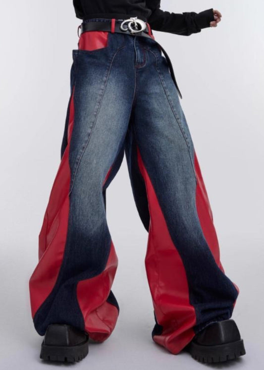 Modern Red Pockets Faux Leather Patchwork Pants Fall RK028 ABC