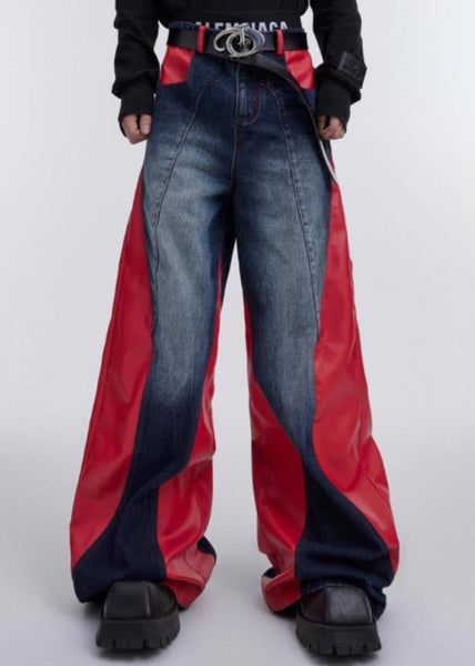 Modern Red Pockets Faux Leather Patchwork Pants Fall RK028 ABC