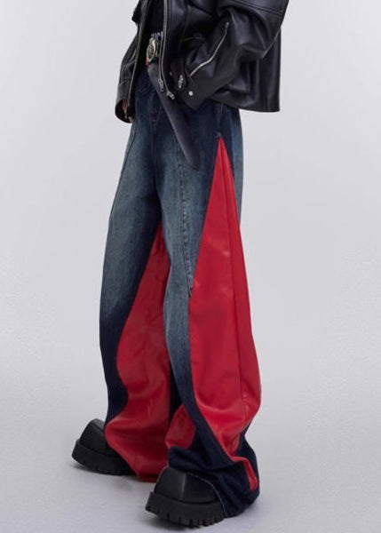 Modern Red Pockets Faux Leather Patchwork Pants Fall RK028 ABC