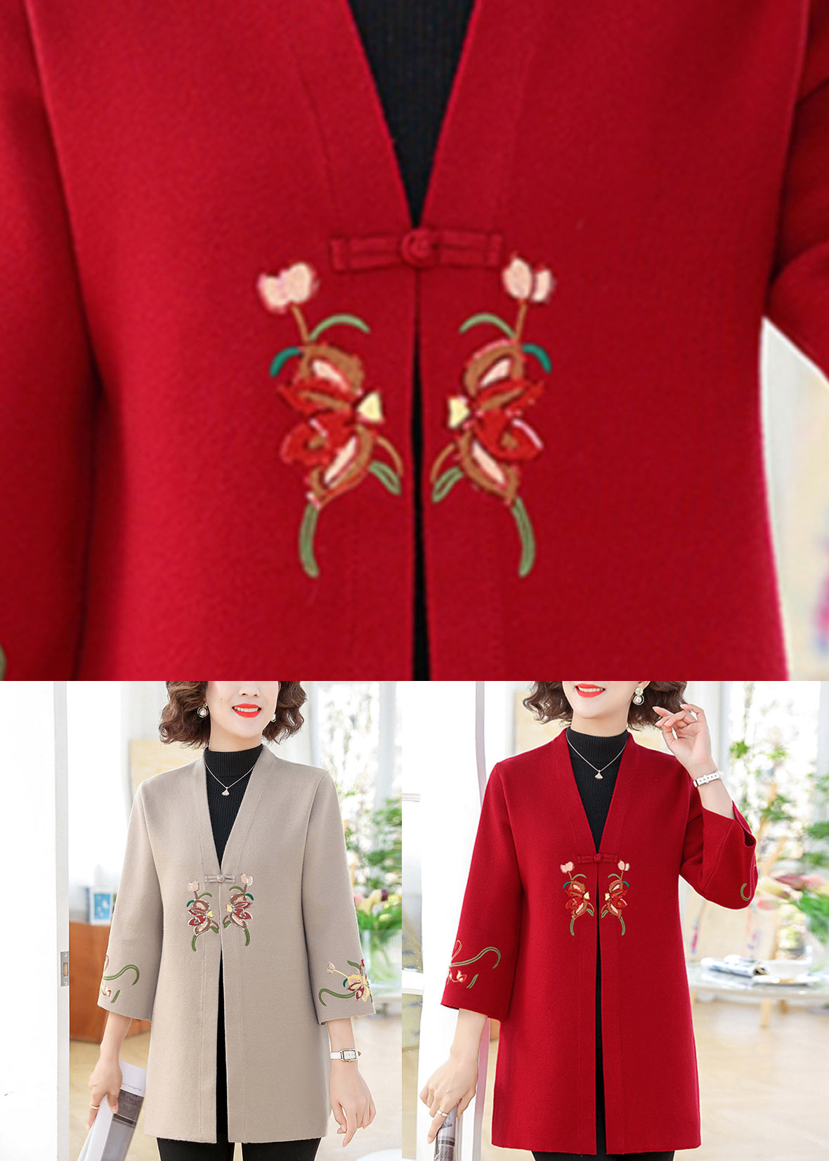 Modern Red V Neck Cotton Knit Cardigans Bracelet Sleeve TA008