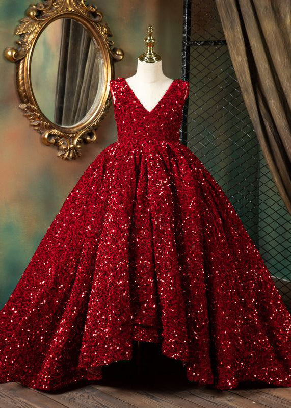 Summer Girls Modern Red Long Neck Patchwork V Dresses FashionChic