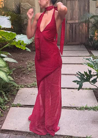 Dress Sleeveless Patchwork Red Tulle V Neck Long Modern FashionChic