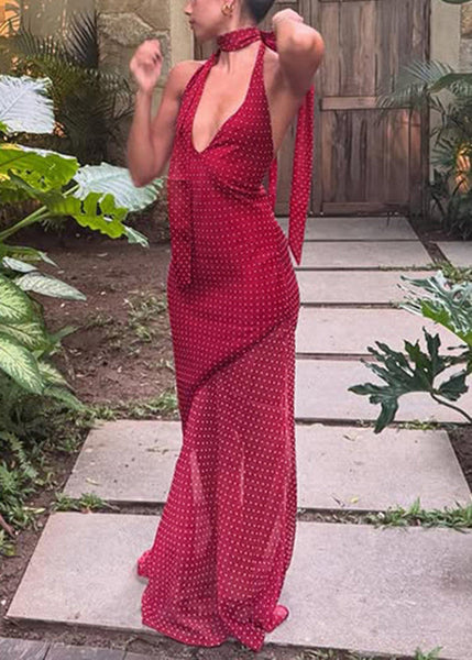 Dress Sleeveless Patchwork Red Tulle V Neck Long Modern FashionChic