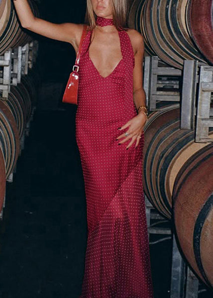 Dress Sleeveless Patchwork Red Tulle V Neck Long Modern FashionChic