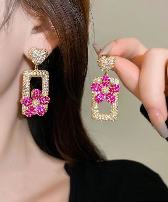 Modern Rose Sterling Silver Overgild Zircon Love Floral Rectangular Shape Drop Earrings DF1026 Ada Fashion