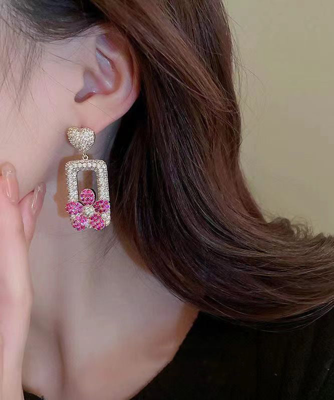 Modern Rose Sterling Silver Overgild Zircon Love Floral Rectangular Shape Drop Earrings DF1026 Ada Fashion