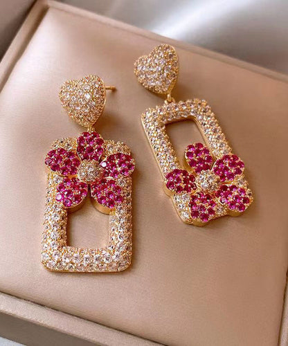 Modern Rose Sterling Silver Overgild Zircon Love Floral Rectangular Shape Drop Earrings DF1026 Ada Fashion