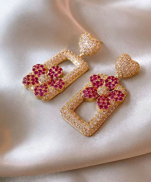 Modern Rose Sterling Silver Overgild Zircon Love Floral Rectangular Shape Drop Earrings DF1026 Ada Fashion