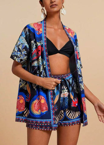 Blue Modern Pieces Neck And Shorts Royal Cardigans Two V Print FashionChic