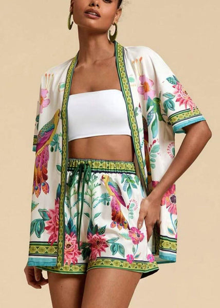 Blue Modern Pieces Neck And Shorts Royal Cardigans Two V Print FashionChic