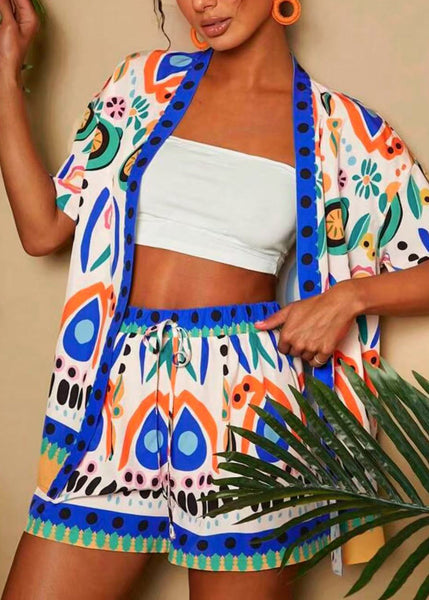 Blue Modern Pieces Neck And Shorts Royal Cardigans Two V Print FashionChic