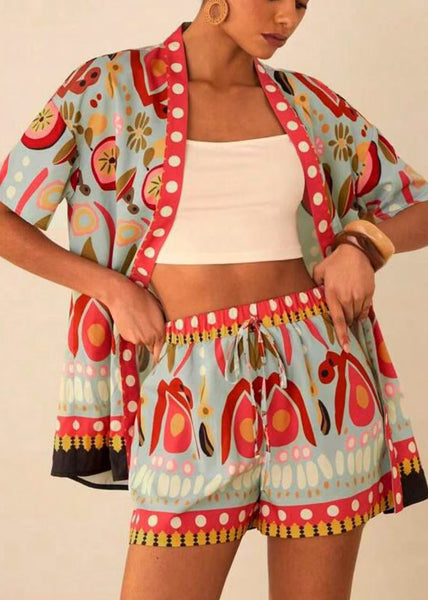 Blue Modern Pieces Neck And Shorts Royal Cardigans Two V Print FashionChic