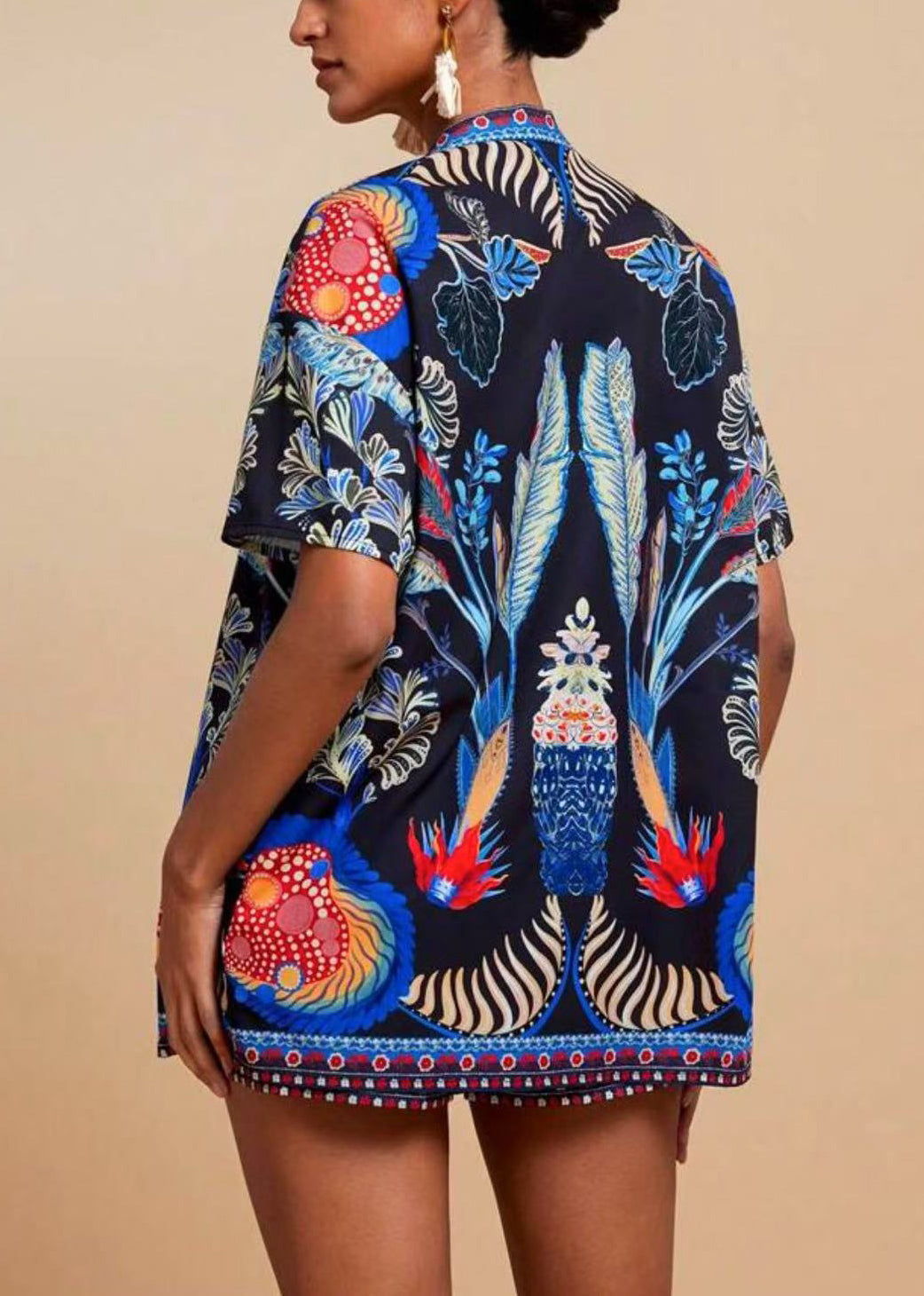 Blue Modern Pieces Neck And Shorts Royal Cardigans Two V Print FashionChic