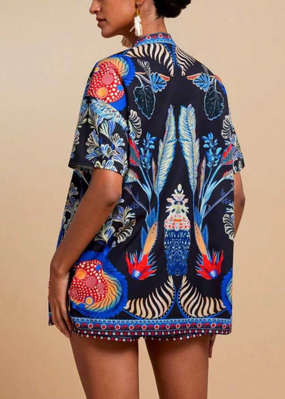 Blue Modern Pieces Neck And Shorts Royal Cardigans Two V Print FashionChic