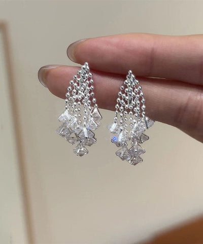 Sterling Zircon Tassel Silk Silver Earrings Fireworks Modern Drop FashionChic
