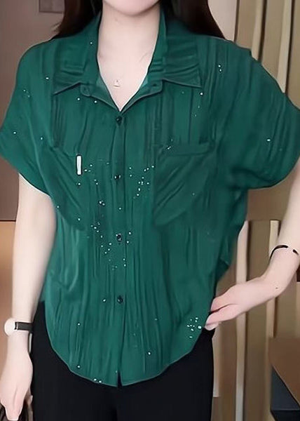 Green Modern Summer Sequins Chiffon Tops Blouse Tea FashionChic