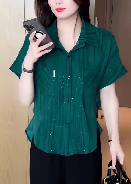 Green Modern Summer Sequins Chiffon Tops Blouse Tea FashionChic