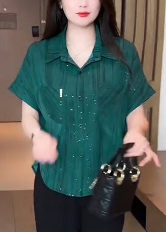 Green Modern Summer Sequins Chiffon Tops Blouse Tea FashionChic