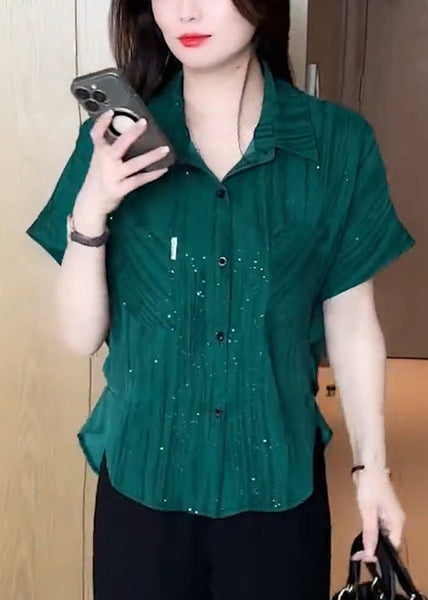 Green Modern Summer Sequins Chiffon Tops Blouse Tea FashionChic