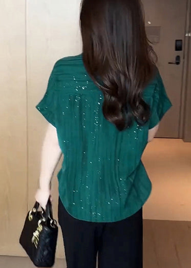 Green Modern Summer Sequins Chiffon Tops Blouse Tea FashionChic