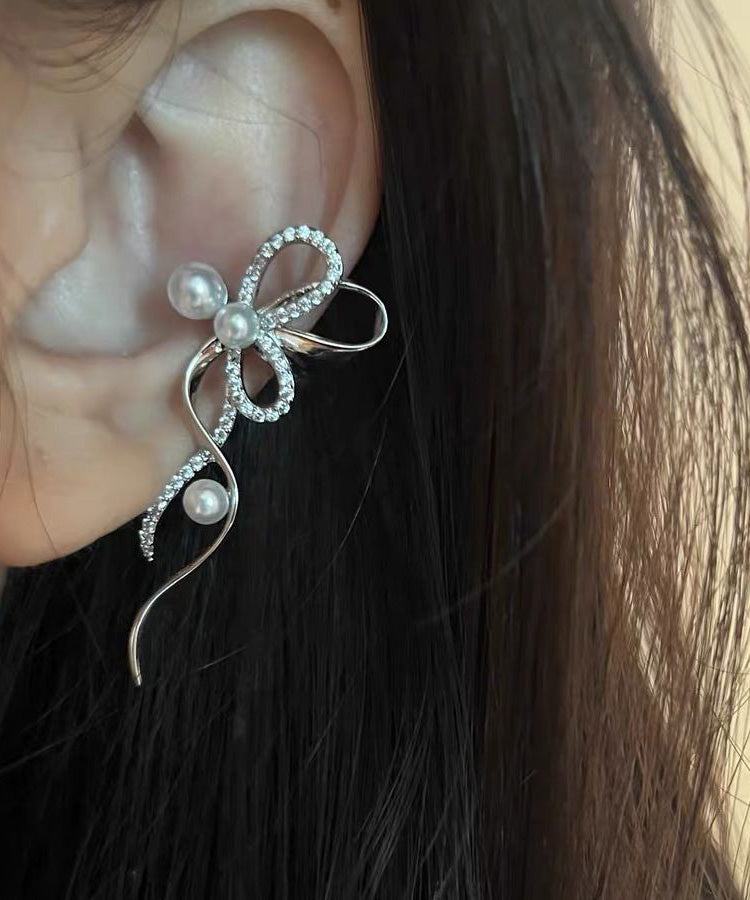 Modern White Alloy Zircon Pearl Bow Stud Earrings RG006 ABC