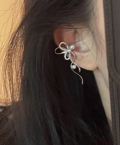 Modern White Alloy Zircon Pearl Bow Stud Earrings RG006 ABC