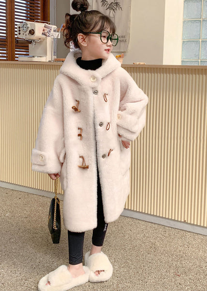 Modern White Button Girls Mink Velvet Long Hooded Coats Winter TG016