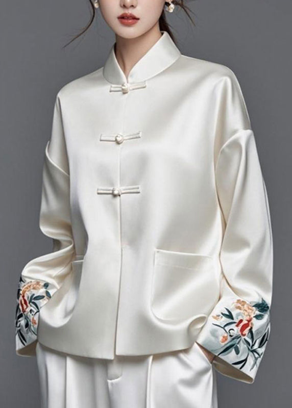 Modern White Embroidered Patchwork Silk Cotton Fall Coats AG1042 OM-ZS240913