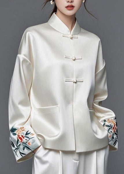 Modern White Embroidered Patchwork Silk Cotton Fall Coats AG1042 OM-ZS240913