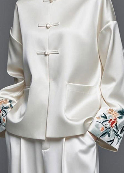 Modern White Embroidered Patchwork Silk Cotton Fall Coats AG1042 OM-ZS240913