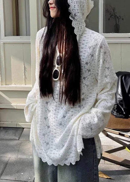 Lace Modern Floral Spring Shirts White Hooded Knit FashionChic