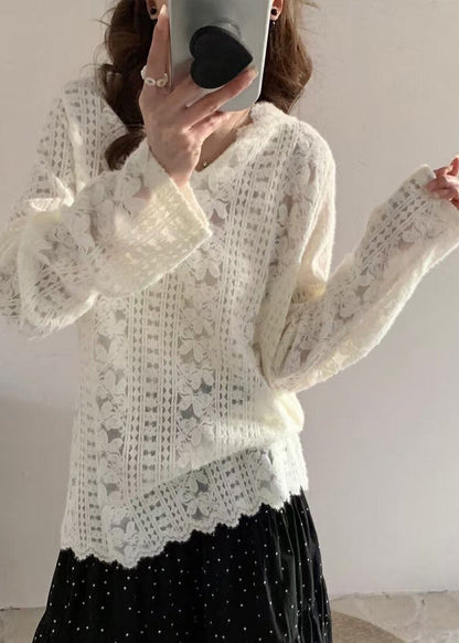 Lace Modern Floral Spring Shirts White Hooded Knit FashionChic