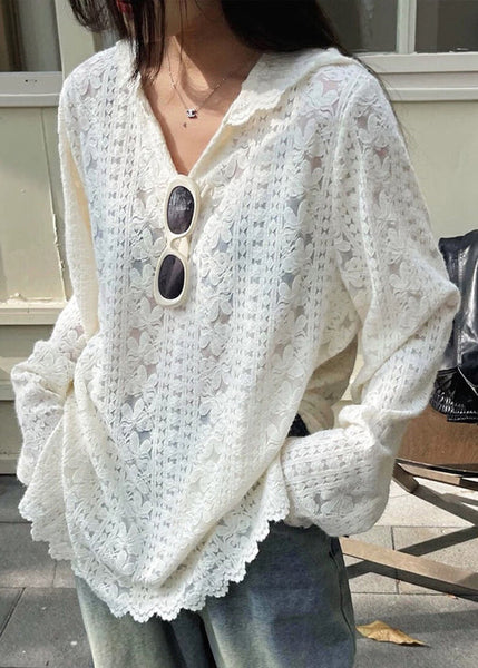 Lace Modern Floral Spring Shirts White Hooded Knit FashionChic