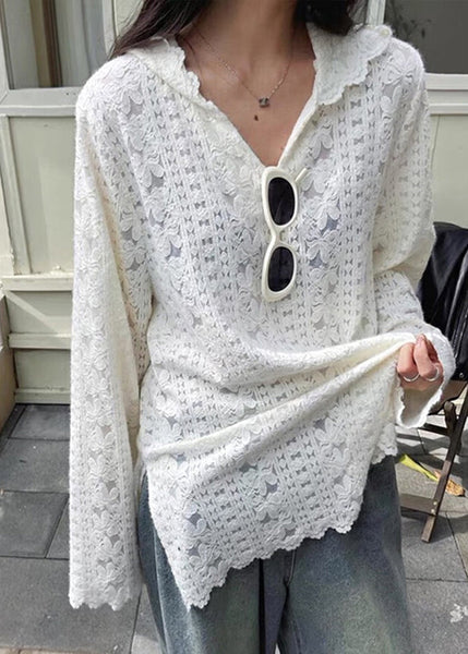 Lace Modern Floral Spring Shirts White Hooded Knit FashionChic