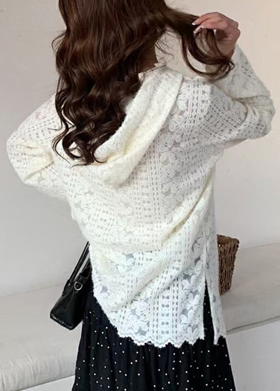 Lace Modern Floral Spring Shirts White Hooded Knit FashionChic