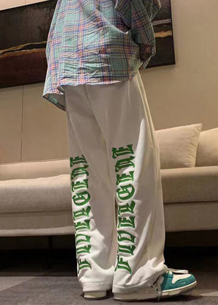 Modern White Letter Elastic Waist Warm Fleece Men Pants Winter WA037 MENP241110